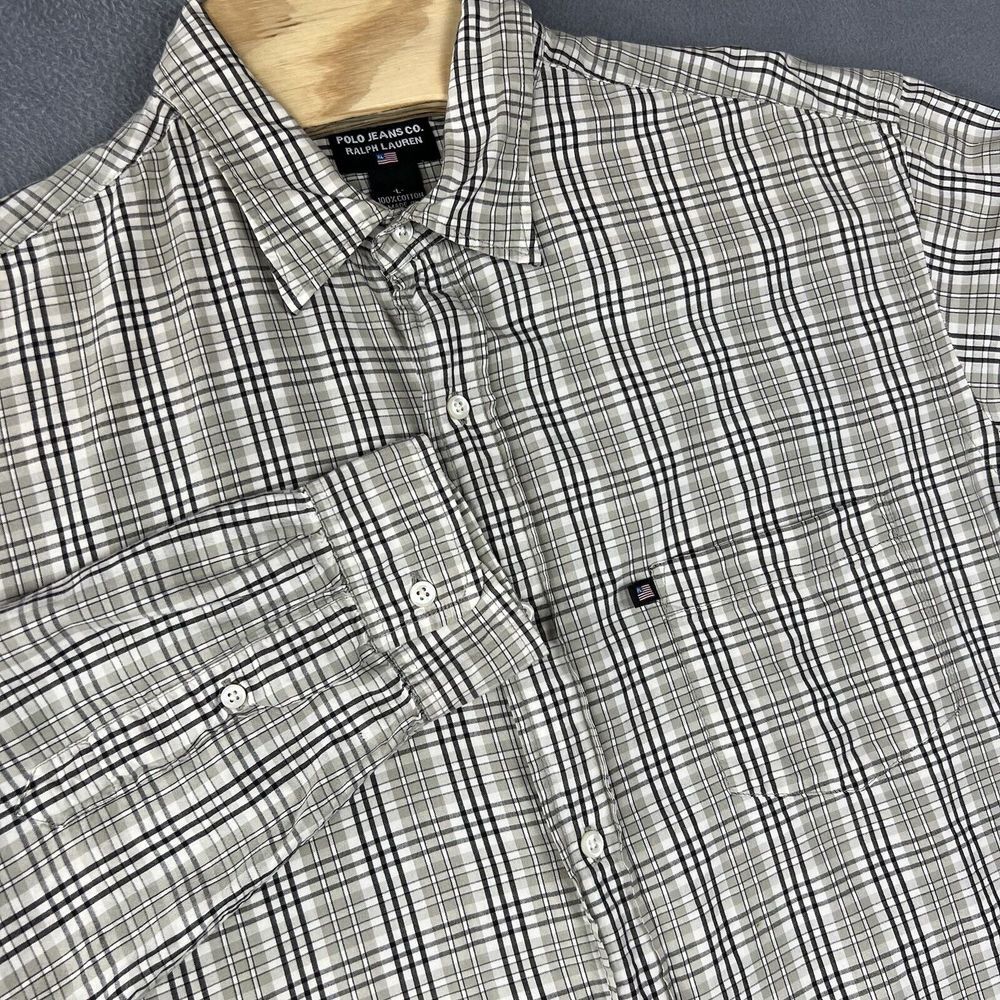 Polo Ralph Lauren Jeans Co Button Up Shirt Mens L‎ Grey/Black Plaid Long Sleeve